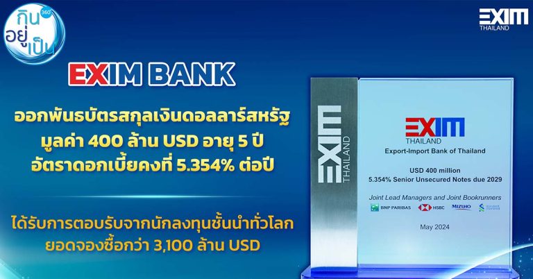 EXIM BANK ฟอร์มเจ๋ง ขายเกลี้ยงบอนด์ 400 ล้านดอลล์ ยอดจองทะลัก 8 เท่า